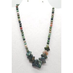 Natural Jasper Agate Gemstone Beaded Necklace With Geometric Square Accents